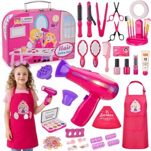 Hair Salon Toys for Girls,34Pcs Pretend Play Makeup Beauty Hair Styling Set with Blow Dryer, Mirror,Barber Apron, Scissors and Stylist Accessories Girls Toys for 3-9 Year Old