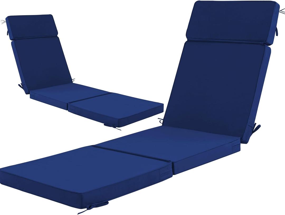 72 x 21 Inch Outdoor Chaise Lounge Cushions Set of 2 - Removable Cover, 4-Section Design, Water-Repellent & Fade-Resistant, 6 Tie Straps, Replacement for Patio & Pool Chairs - Navy