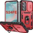 2 x PASNEW Case for Samsung Galaxy S24 FE,6.7",Red | 360°+100°Metal Kickstand,Slide Camera Cover,Military Multi-Layer Rugged Shockproof
