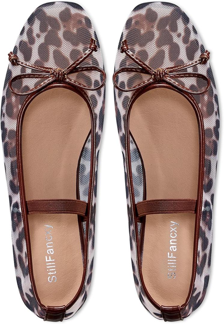 Ballet Flats with Bow Square Toe Ballerina Flats Slip on Bowknot Flat Shoes for Women Dressy Comfortable (8.5, Mesh Leopard Brown)