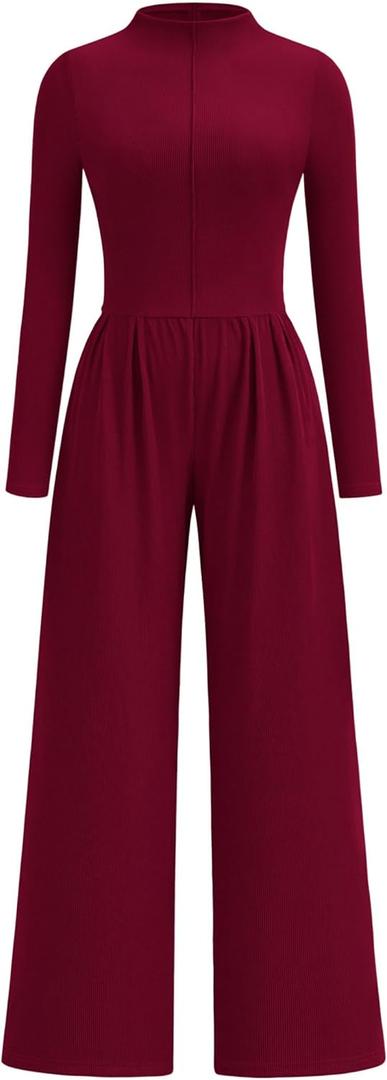 PRETTYGARDEN Long Sleeve Jumpsuit for Women 2026 Fall Date Night Rompers Dressy Casual One Piece Mock Neck Jumpsuits Pockets (L)