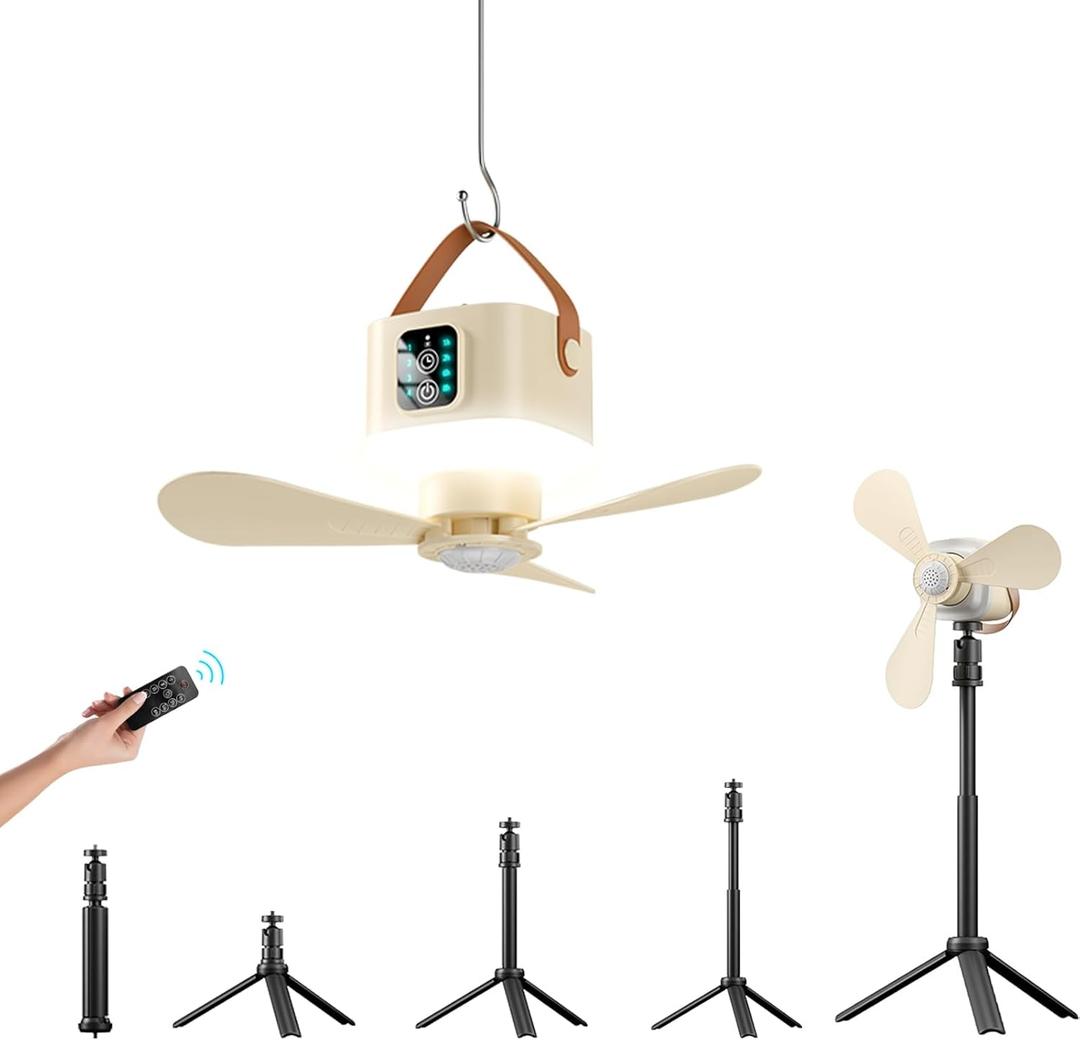 tent ceiling fan, 7600 mAh Battery Camping Fan, 2-in-1 Standing and Hanging Design for Camping and Dormitory camping fans for tents, Beige