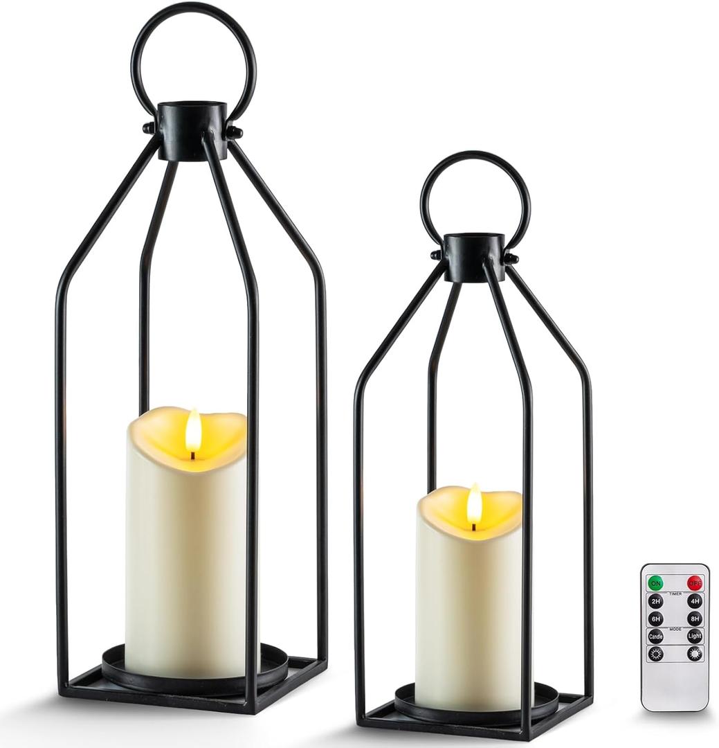 Homemory Modern Farmhouse Lantern Decor with Waterproof Flameless Candle & Remote Timer, 2PCS Black Metal Candle Lantern Decorative for Outdoor Indoor Home Living Room Patio Porch Table