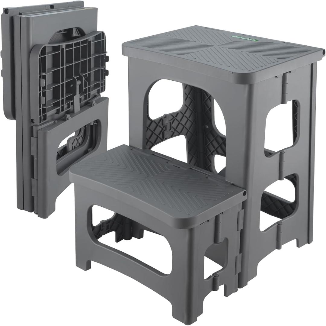 Folding 2-Step Stool for Adults Kids Non-Slip Collapsible Portable Step Stool for Kitchen Home Toilet Bedroom Office Bathroom Rv,Holds 300 Lbs(Grey) (Gray)