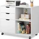 DEVAISE 3-Drawer Wood File Cabinet, Mobile Lateral Filing Cabinet, Printer Stand with Open Storage Shelves for Home Office, White, 15.7"D x 31.3"W x 24.7"H