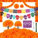 HOWAF Dia De Los Muertos Decorations Ofrenda Set, Day of The Dead Decor for Altar with Papel Picado Banner Marigold Flowers Garland for Ofrendas Alter Supplies, Mexican Halloween Diwali Party Supplies