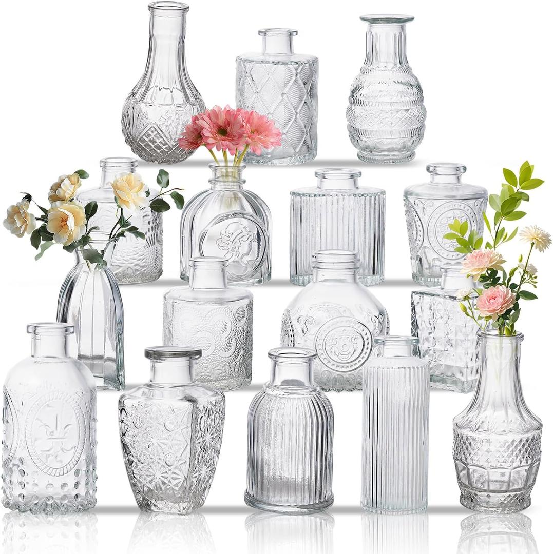 Glass Bud Vase Set of 16, Small Flower Vases, Glass Vases for Centerpieces, Vintage Home Table Decorations Bud Vases (16 Pcs, Clear)