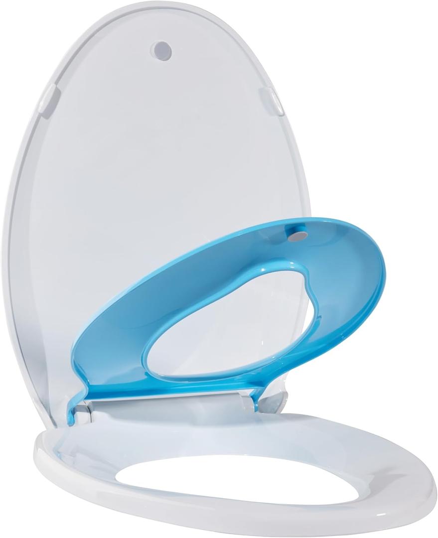 Toilet Seat with Toddler Seat Elongated  Potty Training Toilet Seat Cover for Kids and Adults, Built-in Child Seat for Easy Training, Durable PP Material, Blue