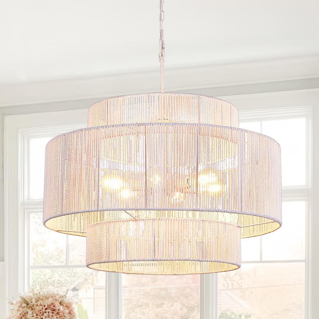 30.7 Large White Rattan Chandeliers, 3-Tier Boho Coastal Pendant Lights, Hemp Rope Hanging Ceiling Light, Wicker Lighting Fixture for Living Room, Dining Room, Bedroom, Kitchen Island