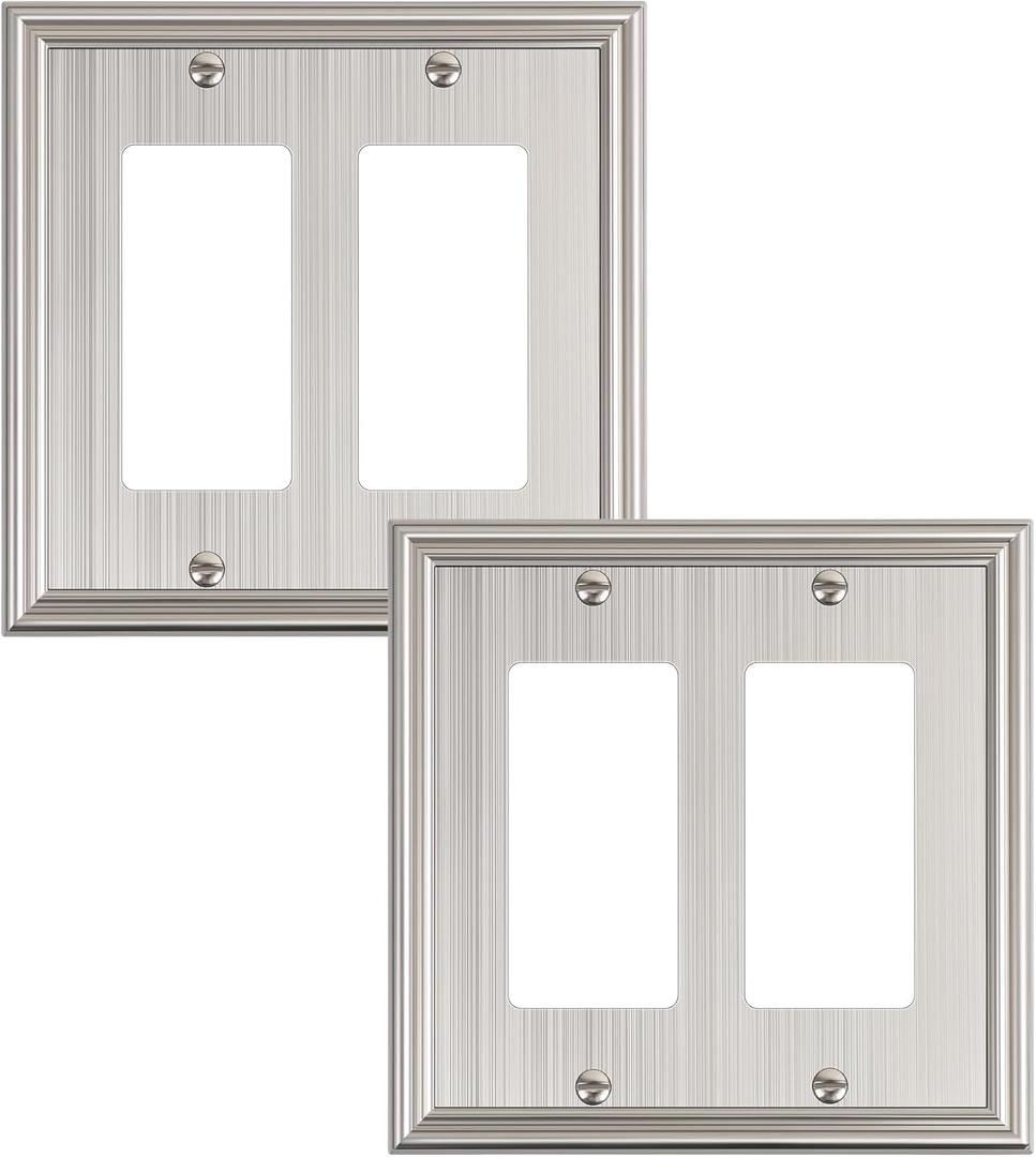 2-Pack Decorative Double Decorator Outlet Cover Plate, Durable Zinc Alloy Brushed Nickel Wall Plates for Electrical Outlets, Receptacle, GFCI Outlet, Dimmer Switch, 2-Gang