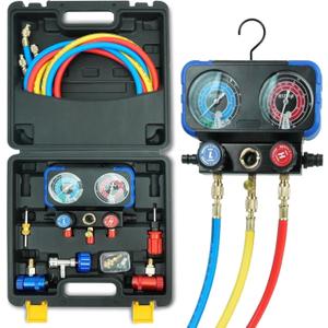 CALPOSE R1234yf AC Gauge, 3 Way AC Manifold Gauge Set for R1234yf Refrigerant, Refrigerant Gauges with 5FT HosesR410a Adapter, Puncturing Can Tap, Anti-Collision Dials Provide More Accurate Reading