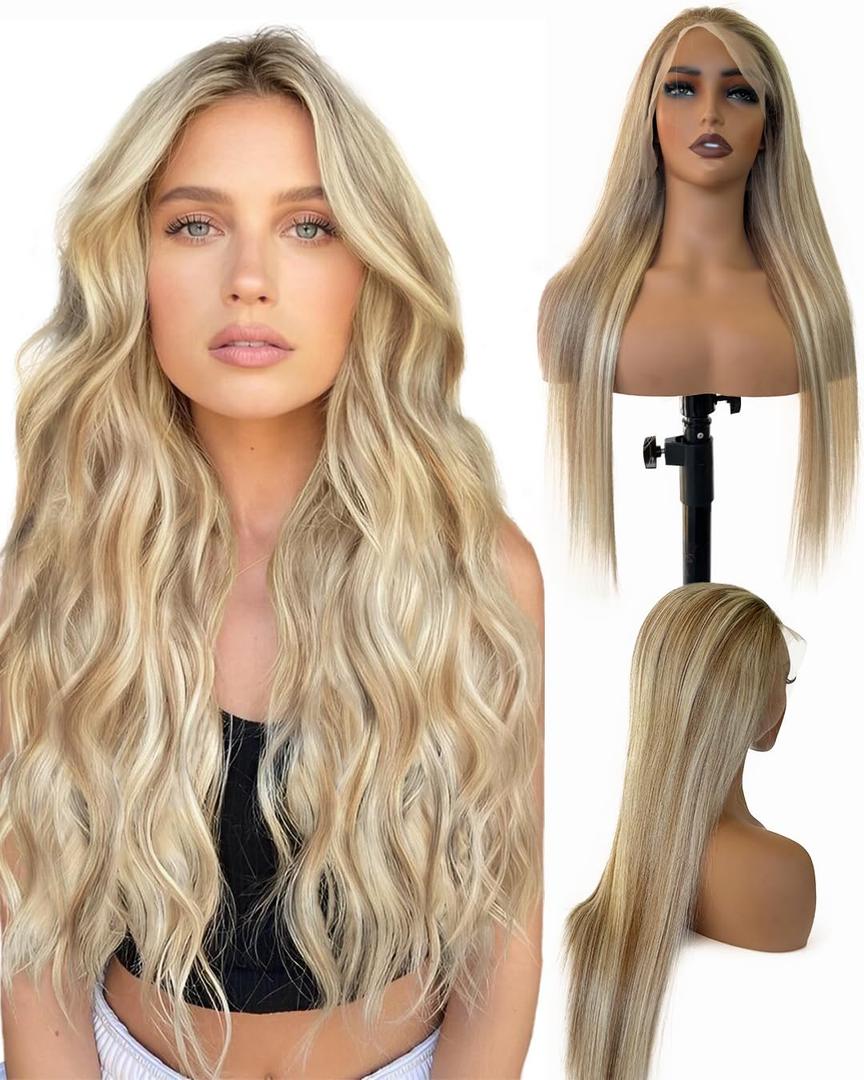 Glueless Balayage Blonde Human Hair Wigs 13x6 Lace Frontal 180% Density 22 Inch Highlight with Brown Roots Ash Blonde to #60 Platinum Blonde Real Human Hair for Women Pre Plucked with Baby Hairs