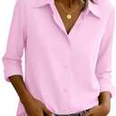 EverVoguant Pink Tops for Women Long Sleeve Button Down Shirt Dressy Work Office Blouses Going Out Top Shirts Dress Women's Slim Fit Collared Wrinkle Free Hot Pink Size M