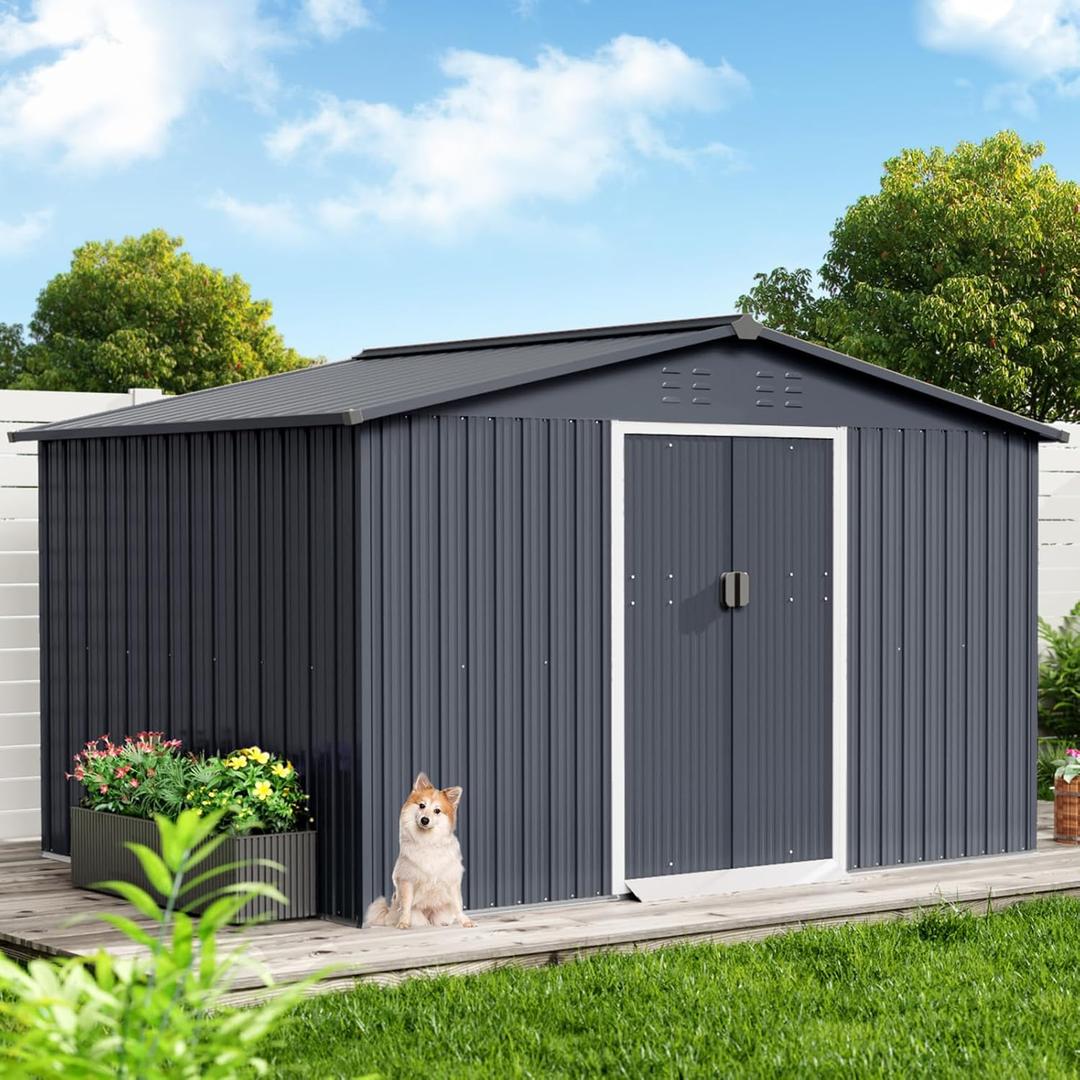 12 x 10 ft Outdoor Storage Shed, Garden Tool Metal Shed with Lockable Entrance, Air Vents and Sloping Roof, Metal Aluminum Waterproof Tool Sheds for Gardens, Patio, Garage, Lawn, Gray