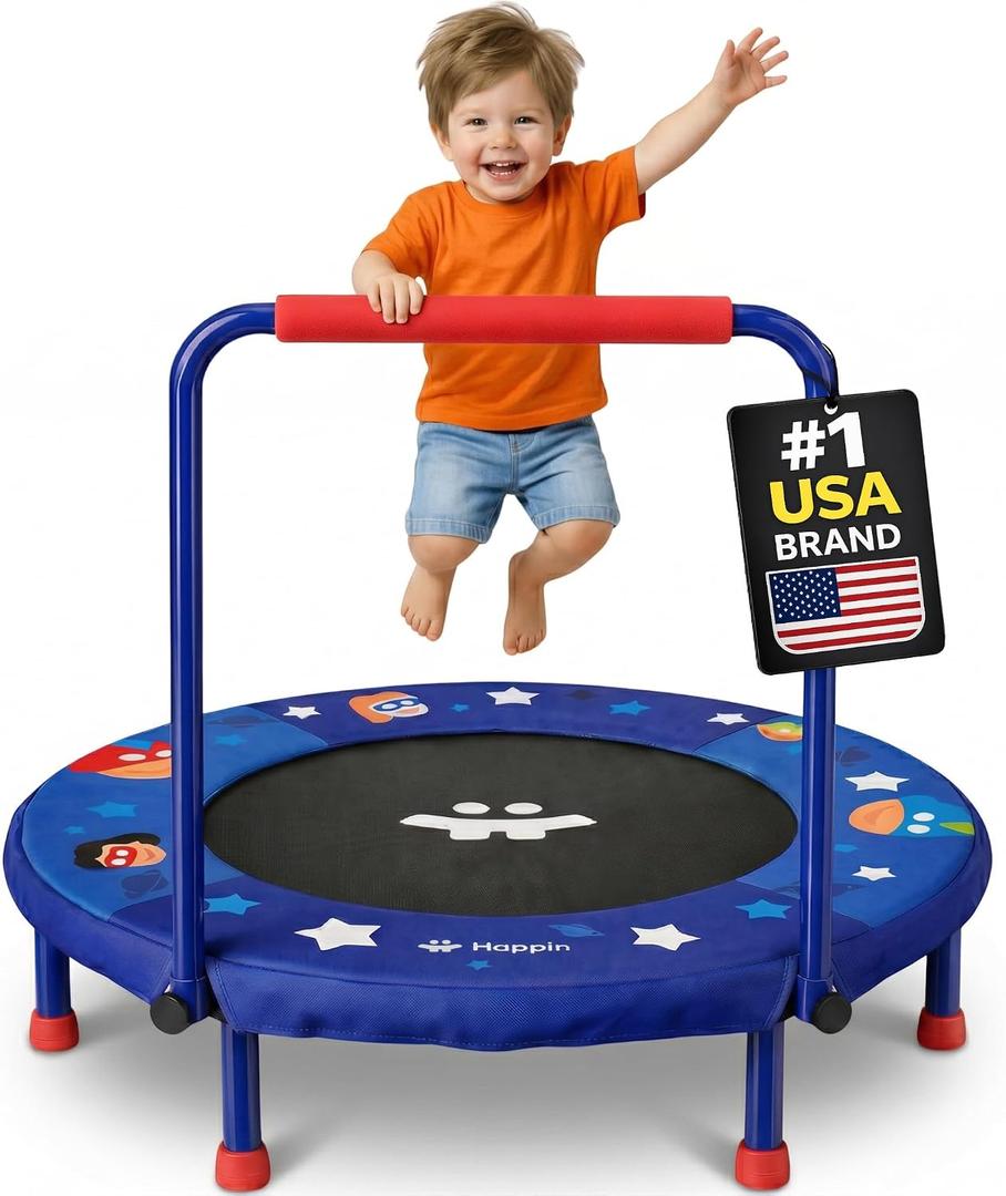 Happin 36'' Toddler Trampoline Indoor, Foldable Mini Trampoline for Kids Ages 2-6, ASTM Certified, Adjustable Handle, Safety Pad for Indoor & Outdoor, Baby Trampolines, for Boy & Girl
