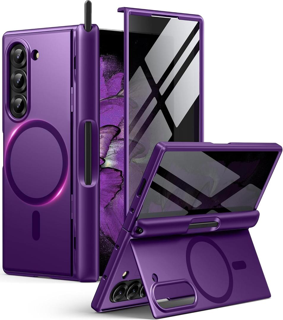 BERFY for Z Fold 6 Case with Privacy Screen Protector, [Compatible with MagSafe] Built-in Kickstand & S Pen Slot & Hinge Protection, Full Body Shockproof Phone Case for Samsung Galaxy Z Fold 6, Purple