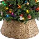 Sweetcrispy 24inch Christmas Tree Collar for 4-7ft Trees, Woven Hyacinth Rattan 4-Panel Collar w/Cord Access Hole & Easy Lock Design,Woven Natural