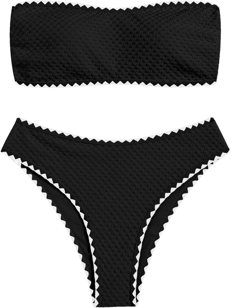 ZAFUL Women's High Cut Bandeau Bikini Set Strapless Solid Color 2 Pieces Bathing Suit Swimsuit (Large, 9-black)