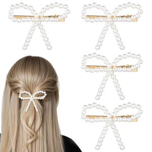 4Pcs Pearl Bow Hair Clips, Elegant Pearl Hair Accessories with Bow Design, Non-Slip Duckbill Clips for Women Girls, Perfect for Weddings, Proms, Parties, Daily Use