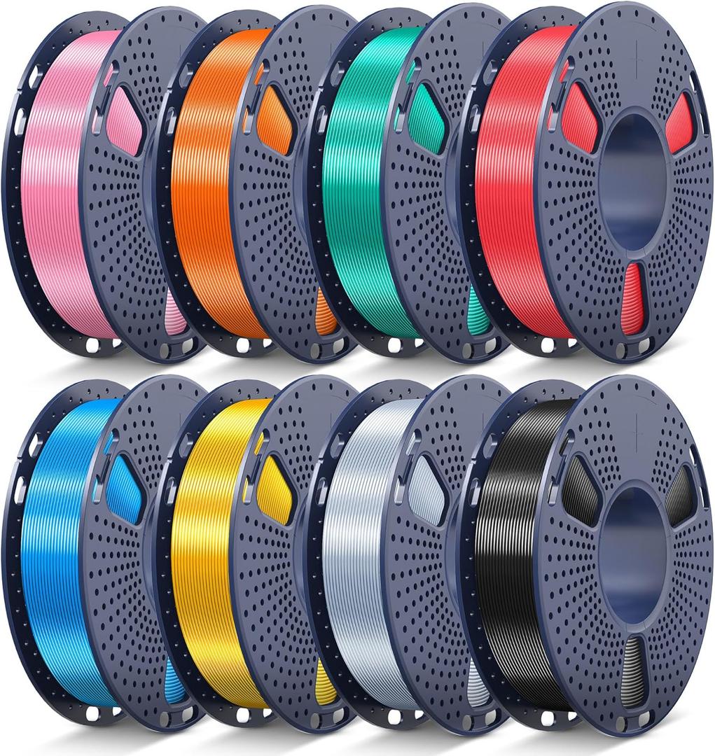 JAYO Silk PLA Filament Bundle 1.75mm, Silk 3D Printer Filament Bundle Multicolor, Individually Vacuum Packed, 8 Pack, Shiny Silk 2KG in Total, Light Gold+Silver+Black+Blue+Red+Green+Orange+Pink