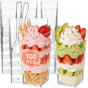 Eupako 3 oz Plastic Dessert Shooter Cups with Spoons - 100 Pack Mini Clear Square Appetizer Cup, Small Dessert Cup for Jello Shots, Parfait, Puddings, Mousse