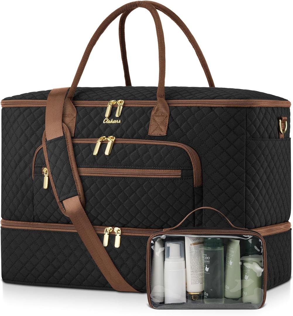 Travel Duffle Bag, Wide Open Large Weekender Bag for Women with Shoe Compartment, Carry on Overnight Bags with Toiletry Bag, Hospital Bag for Women Labor Delivery with Wet Pocket (Black Brown) (45L)