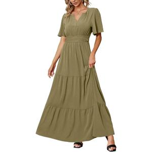 Amegoya Women's Short Sleeve V Neck Formal Wedding Guest Maxi Dresses Spring Fall Evening Party Long Dresses (Large)