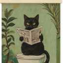 2 x QEJ Funny Black Cat Bathroom Wall Art Decor, Black Cat Bathroom Decor, Retro Green Botanical Kitten Reading Newspaper Canvas Poster Wall Decorations for Toilet Washroom Restroom, 12x16 Inch
