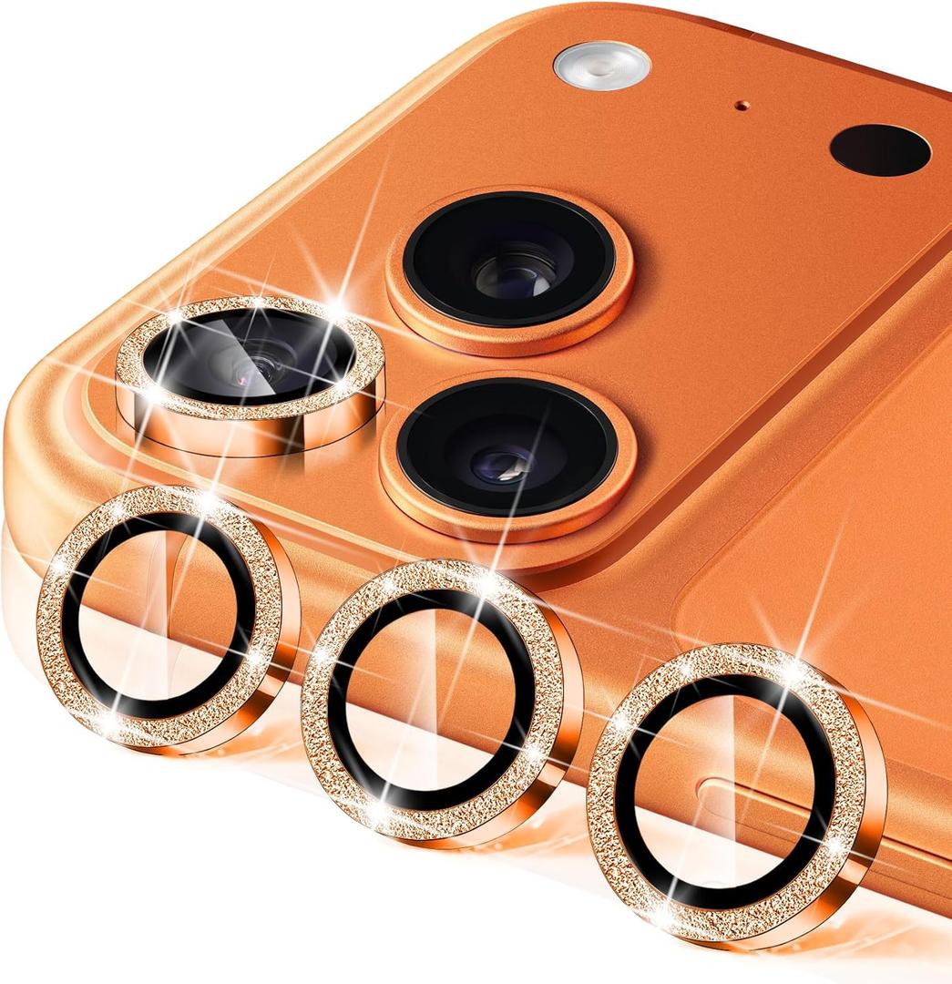 Camera Lens Protector for iPhone 17 Pro / 17 Pro Max, 9H Ultra-thin Tempered Glass, Glitter Bling Cute Girly Metal Individual Camera Cover Accessories for Women, Orange