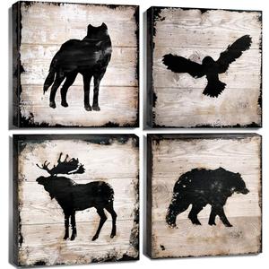 Cabin Wall Decor Wildlife Wall Art Woodland Nursery Bear Pictures for Living Room Rustic Farmhouse Animals Poster Moose Wolf Eagle Deer Artwork Canvas Prints Bedroom Lodge Home Decorations 12x12" 4P