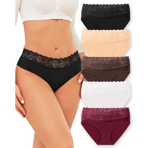 ROSYCORAL Cotton Underwear for Women Lace Trim Briefs Soft Low Rise Ladies Stretchy Hipster Bikini Panties 5 Pack (XL)