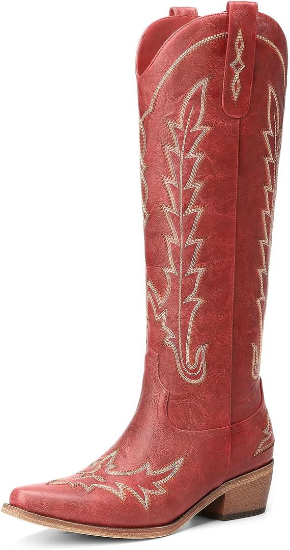 Rivalran Cowboy Boots for Women - Knee High Pointed Toe Chunky Heel Pull On Zipper Western Cowgirl Boots, Retro Country Vintage Fashion Tall Boots, 10