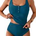 B2prity Women's Athletic Tankini Swimsuits Two Piece Adjustable Button-Up Bathing Suit Full Coverage High Waisted Swimwear (Blue)