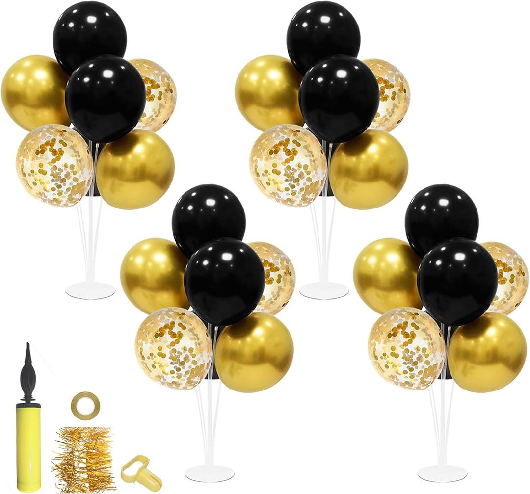 ZJDHPTY Graduation Decorations 2026,4 Set Balloon Stand with Pump and Balloons, Black and Gold Party Decorations for 40th 50th 60th 70th Birthday Retirement Wedding Anniversary New Year Party Supplies