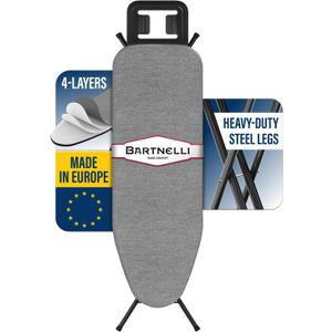Bartnelli Ironing Board Made in Europe | Iron Board with 4 Layered Cover & Pad, Height Adjustable up to 36" Features A Safety Iron Rest, 4 Steel Legs, for Home Laundry Room or Dorm Use (43x14)