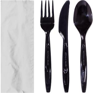 50 Heavy Weight Disposable Plastic Cutlery Sets | Packets - Knife Fork Spoon Napkin | Made from Recycled Plastics and 100% Recyclable, Eco-Friendly To Go Silverware, Utensils