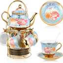 Zhehao Porcelain Tea Set with Metal Holder and Spoon Adult Ceramic Tea Set European Flower Painting Teapot Cup Saucer Spoon for Women Mom Gift, Large Version(Simplicity Style,20 Pcs)