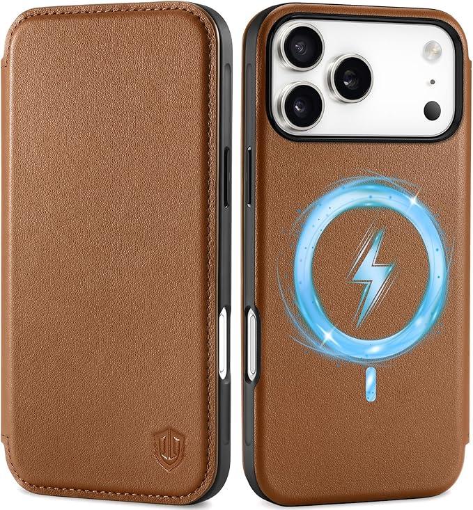 SHIELDON Slim Genuine Leather Case Wallet for iPhone 17 Pro Max 6.9" 2025 | Flip | Wireless Charging | Magnetic | RFID Blocking Credit Card Holder | Full Protective Phone Cover | Saddle Brown