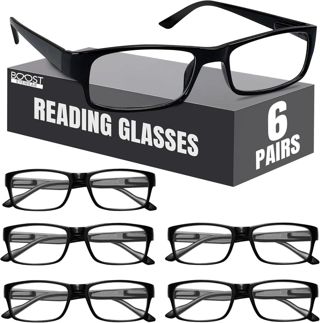 Boost Eyewear 6 Pack Reading Glasses, Traditional Black Frames, for Men and Women, with Comfort Spring Loaded Hinges, Black, 6 Pairs (+3.00)