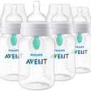 Philips Avent Anti-Colic Baby Bottle with AirFree Vent, Medium Flow, 9 oz | For Ages 1 Month+, Reduces Colic, Gas & Reflux, Flow 2 Nipple with Secure Latch System, BPA-Free, 4-Pack, Clear