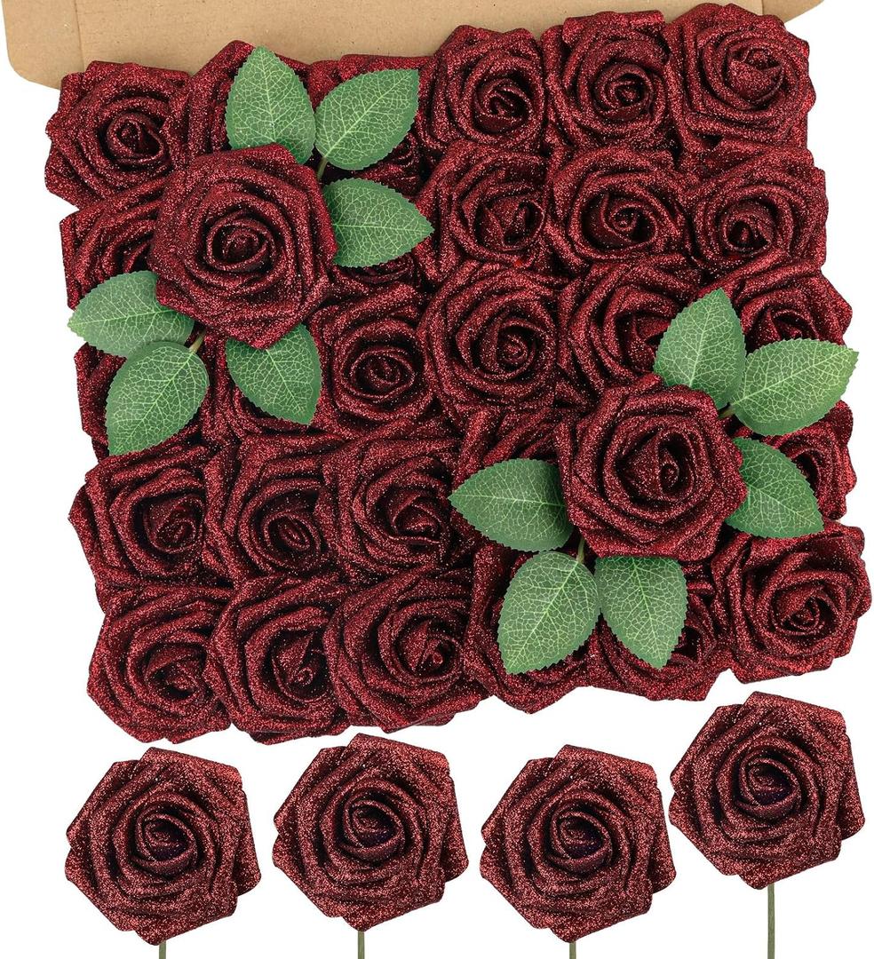 MACTING Mothers Day Flowers 30PCS Artificial Glitter Roses Real Touch Red Flowers with Stem Foam Roses for Wedding Bouquet Table Centerpieces Party Wreath Home Spring Graduation Decorations