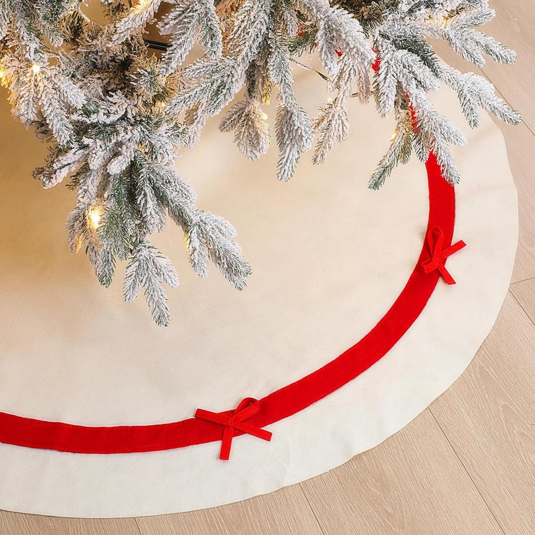 Simgoing 48 Inch Christmas Tree Skirt with Red Bow Felt Christmas Tree Skirt Vintage Decoration for Indoor Home Decor Xmas Party Supplies