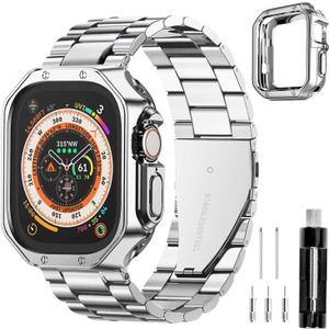 Compatible With Apple Watch Band and Case Iwatch, 42/44/45mm (Series1-9,SE 1/2/3) Men Women Classic Executive Classy Stainless Steel Metal Business (Silver)