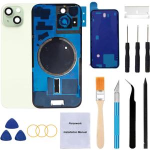 Rear Back Glass Replacement for iPhone 15 Plus 6.7-inches + Pre-Installed Plate and Camera Frame and lens + Reparing Tool Kit (Green)