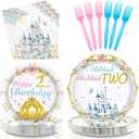 Grencian 96Pcs Princess Birthday Party Supplies Bibbity Boppity Two Party Plates and Napkins Disposable Happy 2nd Birthday Tableware Set for Girls Two Years Old Party Decorations Serves 24