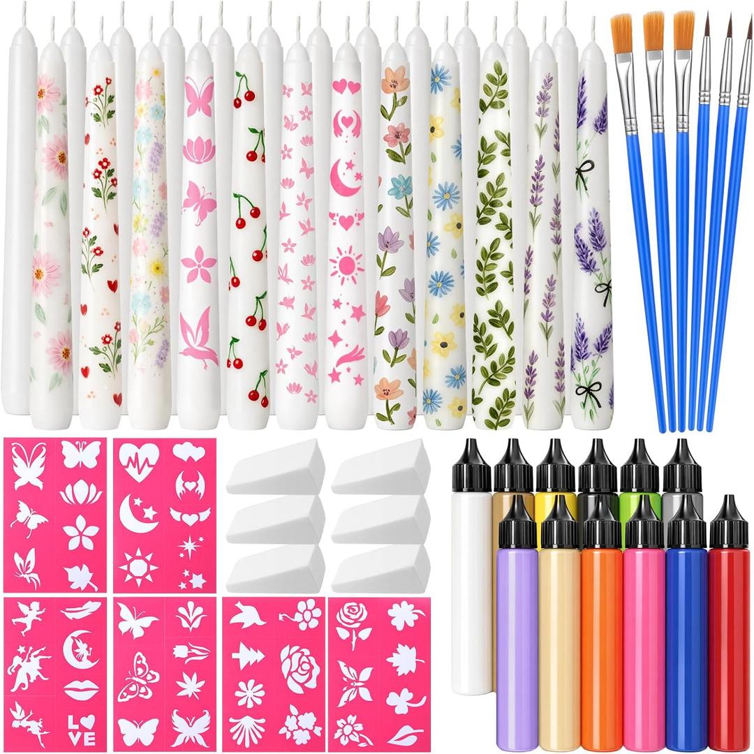 Treela 42 Pcs DIY Candle Painting Kit Include 12 White Taper Candles 12 Vibrant Colors Candle Wax Pen 6 Floral Painting Stencils 6 Paint Brushes 6 Sponge Block for Craft Birthday Wedding Holiday Party
