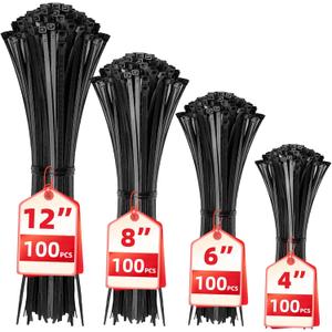 Cable Zip Ties,400 Pack Black Assorted Sizes 12+8+6+4 Inch,Multi-Purpose Self-Locking Nylon Cable Cord Management ,Plastic Wire Ties for Home,Office,Garden,Workshop. By HAVE ME TD