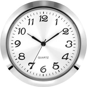 2-1/8 Inch (55 mm) Quartz Clock Insert, Zinc-Alloy Metal Case, Arabic Numeral, White Face (Silver)