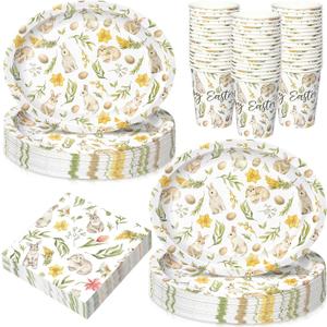 Vesici 150 Pcs Easter Bunny Oval Paper Plates and Napkin Set Bunny Tableware 10'' x 12'' Large Disposable Heavy Duty Rabbit Green Leaves Dessert Plates Cups Napkins for Spring Easter Party Supplies