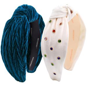 BEGOOD Headbands for Women Rhinestone Knotted Wide Headband Womens Top Knot Head Bands Fashion Hairbands Turban Hair Accessories for Girls 2Pcs